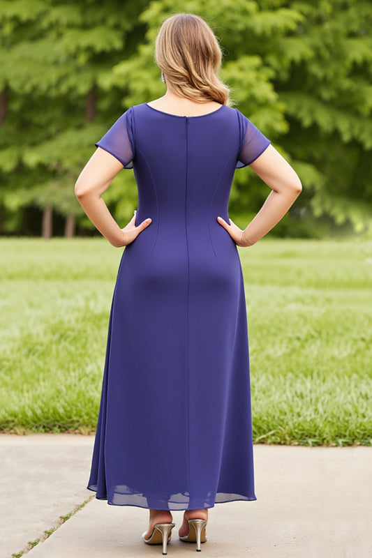 Navy Ruched Chiffon Long Plus Size Mother of the Bride Dress