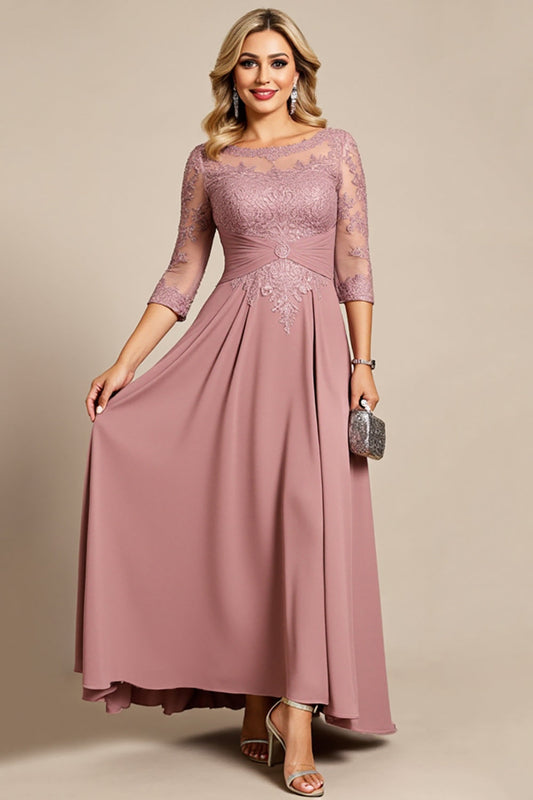 Dusty Rose Illusion Boat Neck Long Mother of the Bride Dress with Appliques