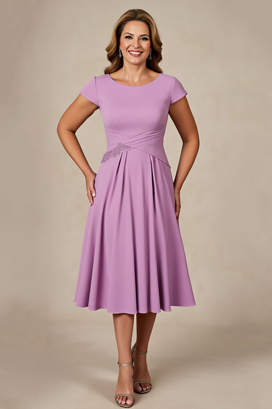 Lilac Chiffon Ruched A Line Midi Mother of the Bride Dress with Cap Sleeves