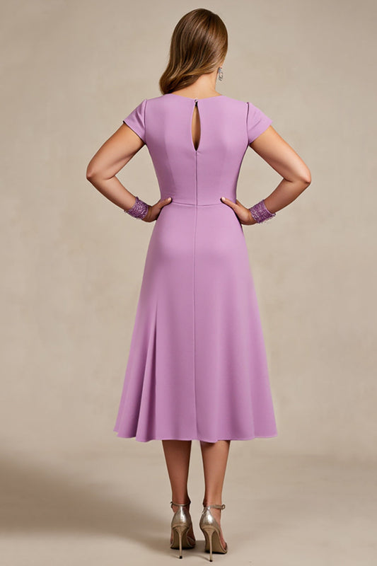 Lilac Chiffon Ruched A Line Midi Mother of the Bride Dress with Cap Sleeves