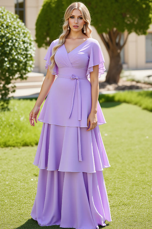 Lilac A Line Chiffon Tiered Long Bridesmaid Dress with Short Sleeves