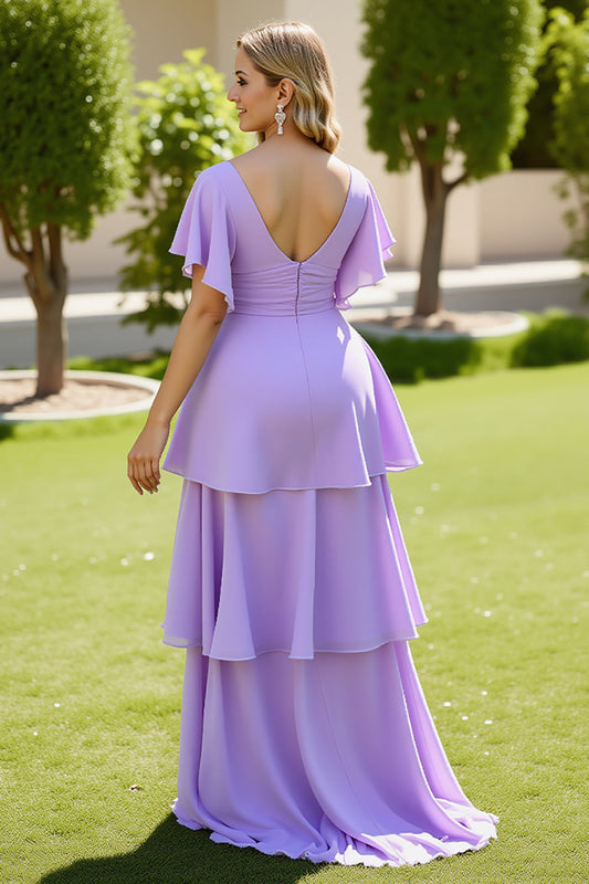 Lilac A Line Chiffon Tiered Long Bridesmaid Dress with Short Sleeves