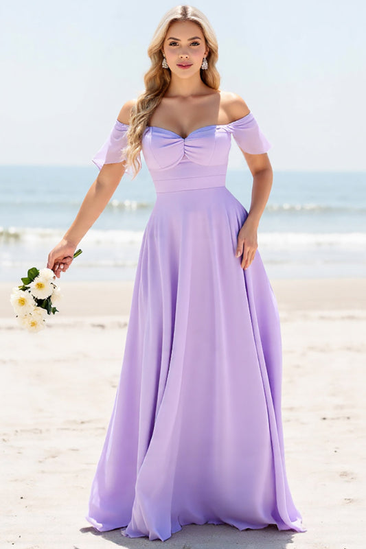Lilac A Line Off the Shoulder Chiffon Long Bridesmaid Dress with Slit