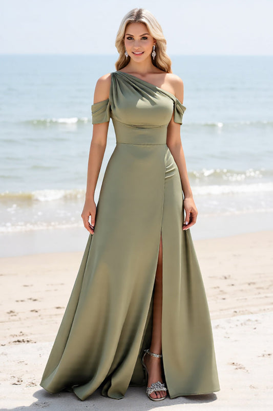Olive A Line One Shoulder Long Satin Bridesmaid Dress with Slit