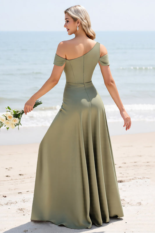 Olive A Line One Shoulder Long Satin Bridesmaid Dress with Slit