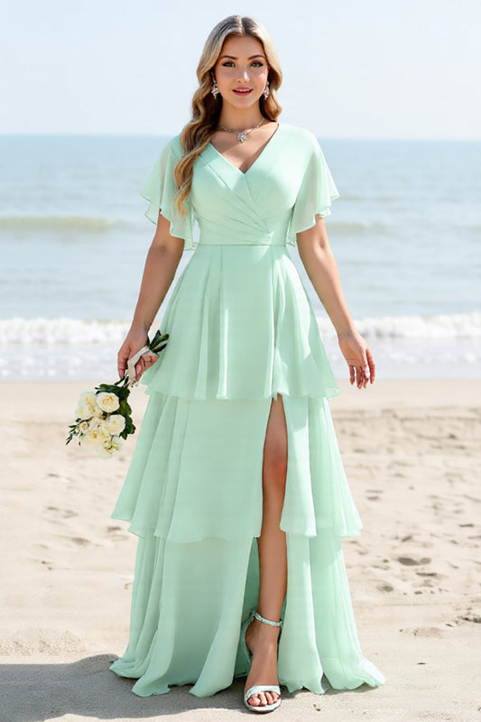 Mint Chiffon A Line Long Tiered Bridesmaid Dress with Slit