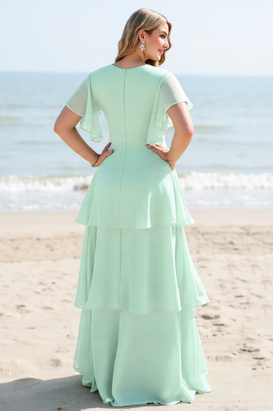 Mint Chiffon A Line Long Tiered Bridesmaid Dress with Slit
