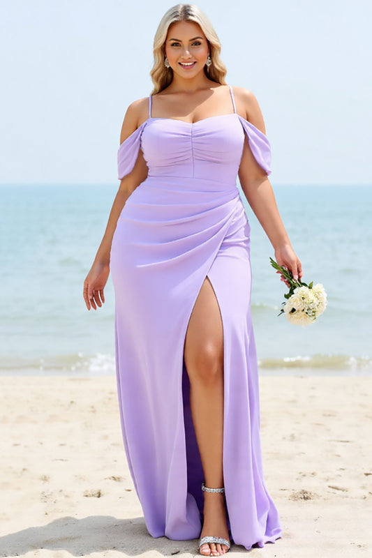 Lilac Plus Size Cold Shoulder Long Bridesmaid Dress with Slit