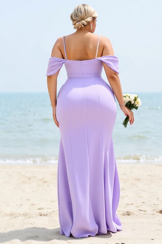 Lilac Plus Size Cold Shoulder Long Bridesmaid Dress with Slit
