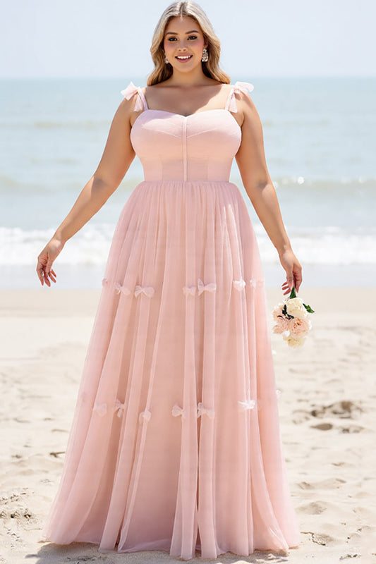 A Line Blush Pink Spaghetti Straps Maxi Bridesmaid Dress with Slit