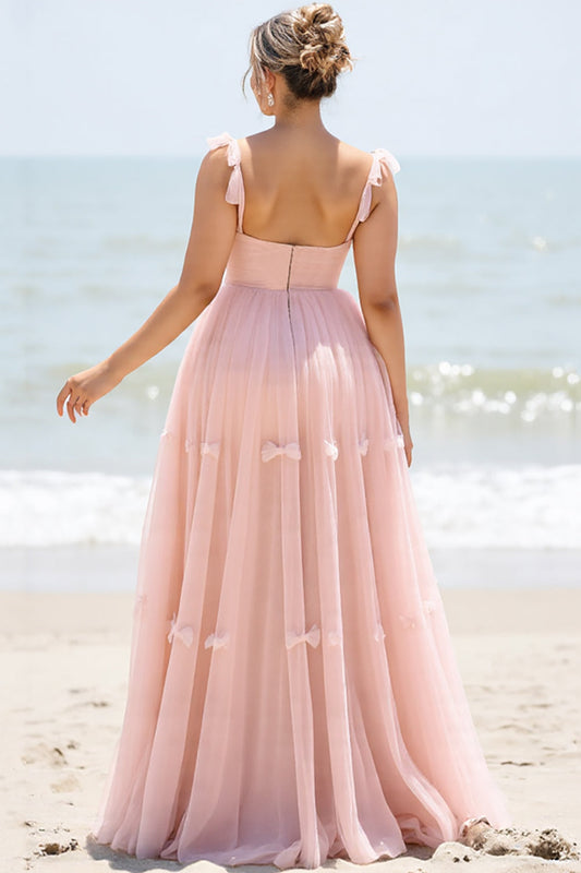 A Line Blush Pink Spaghetti Straps Maxi Bridesmaid Dress with Slit