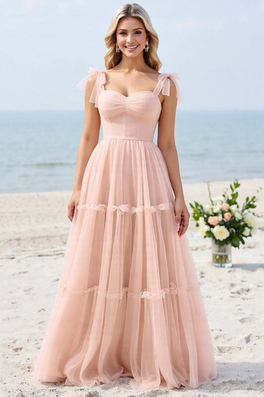 Blush Pink A Line Long Sweetheart Bridesmaid Dress with Bow