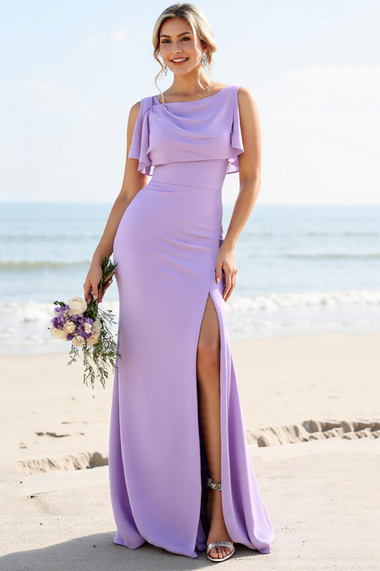 Lilac Sheath Maxi Ruffled Long Bridesmaid Dress with Slit