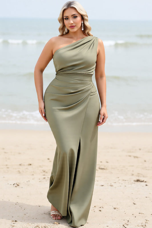 Olive Sheath One Shoulder Long Satin Bridesmaid Dress with Slit