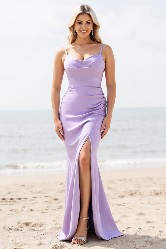 Lilac Spaghetti Straps Sheath Long Bridesmaid Dress with Slit