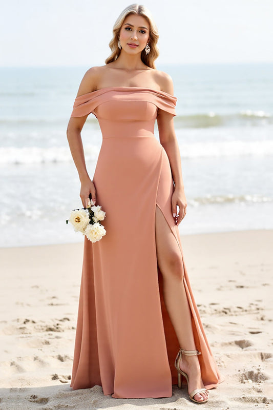 Sunset A Line Long Off the Shoulder Bridesmaid Dress with Slit