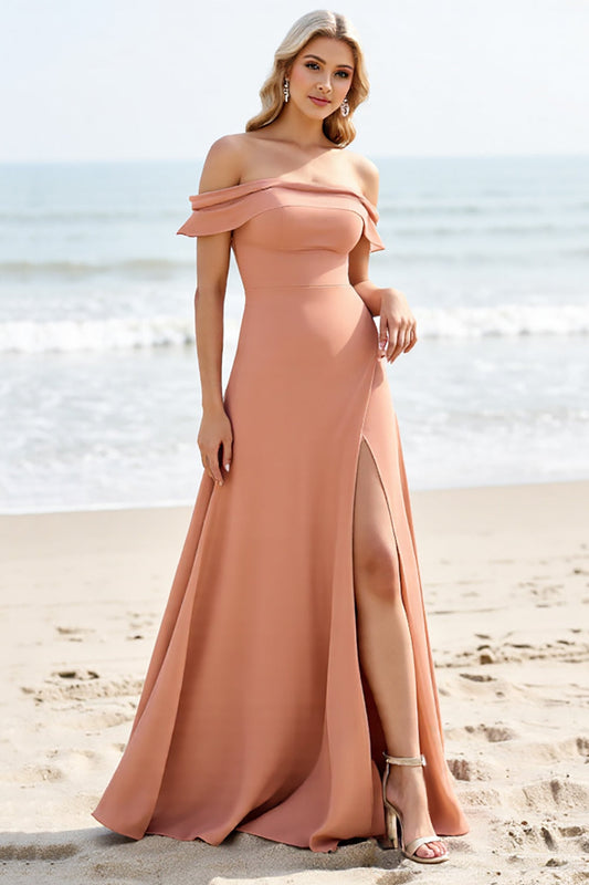 Sunset A Line Long Off the Shoulder Bridesmaid Dress with Slit