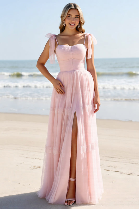 A Line Candy Pink Maxi Spaghetti Straps Long Bridesmaid Dress