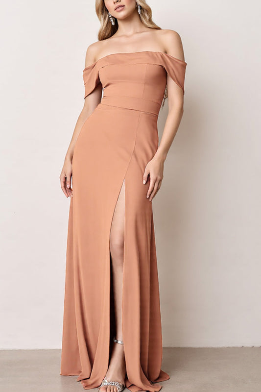 Sunset Off the Shoulder Long Sheath Bridesmaid Dress with Slit