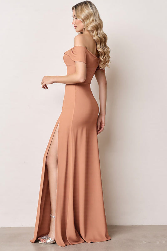 Sunset Off the Shoulder Long Sheath Bridesmaid Dress with Slit