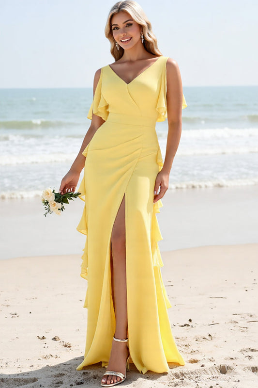 Daffodil Sheath Long V Neck Bridesmaid Dress with Ruffles