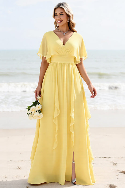 Daffodil A Line Chiffon V Neck Long Bridesmaid Dress with Sleeves