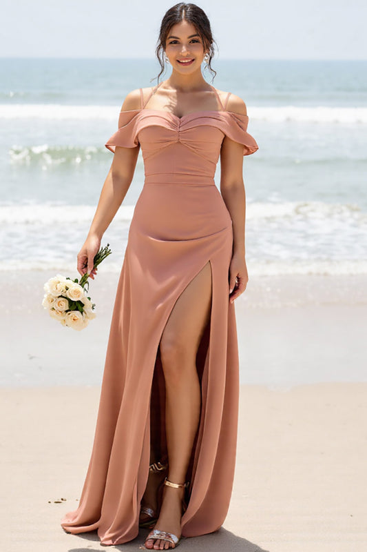 Sunset Sheath Cold Shoulder Long Bridesmaid Dress with Slit