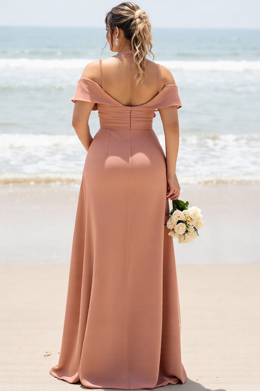 Sunset Sheath Cold Shoulder Long Bridesmaid Dress with Slit