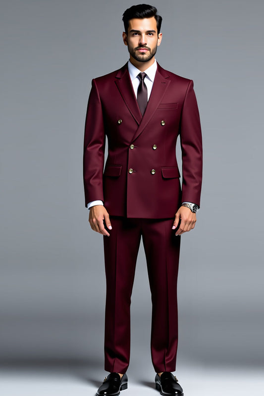 Burgundy Double Breasted Notched Lapel Men's Prom Suits