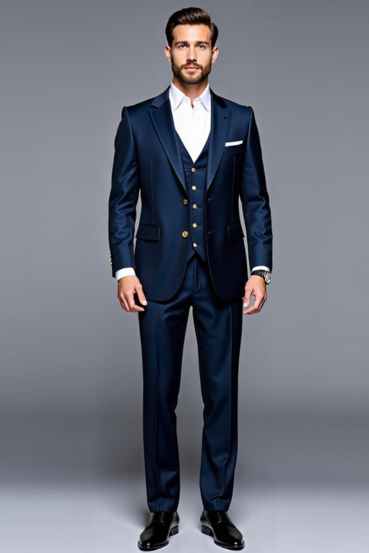 Dark Blue Notched Lapel 3 Pieces Men's Party Suits