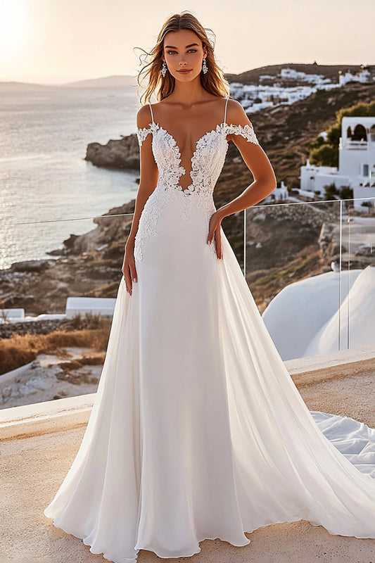 Ivory Chiffon Lace Sweep Train Off the Shoulder Wedding Dress