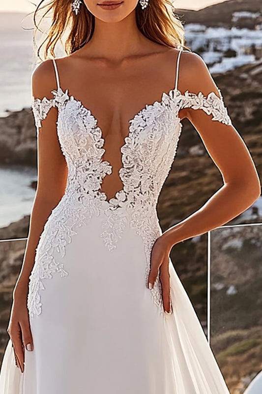 Ivory Chiffon Lace Sweep Train Off the Shoulder Wedding Dress