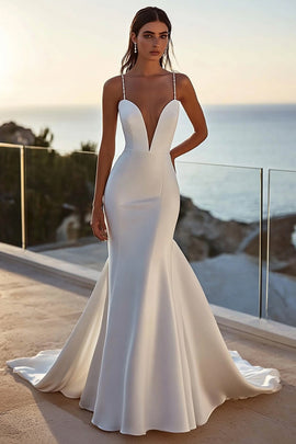 Simple Ivory Mermaid Satin Sweep Train Spaghetti Straps Wedding Dress
