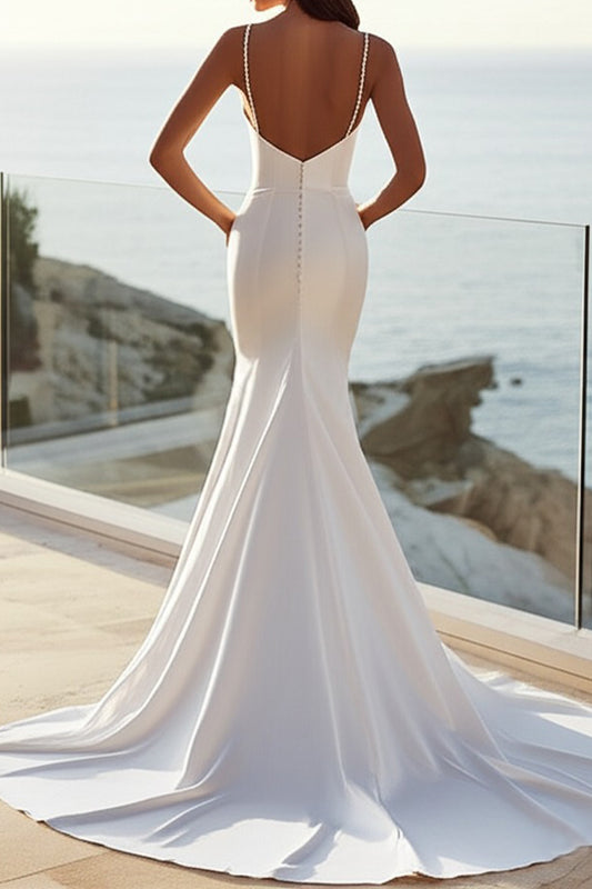 Simple Ivory Mermaid Satin Sweep Train Spaghetti Straps Wedding Dress