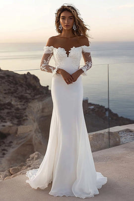 Ivory Sweep Train Mermaid Appliques Wedding Dress with Lace Sleeves