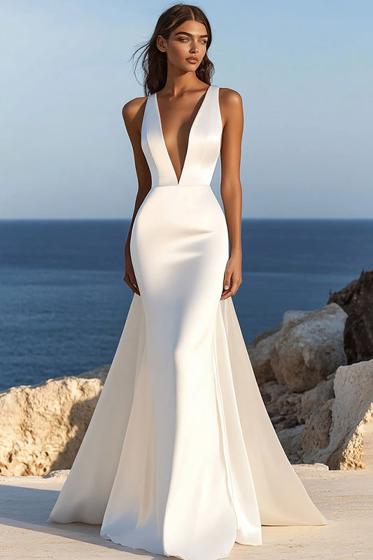 Ivory Satin Deep V Neck Mermaid Sweep Train Wedding Dress