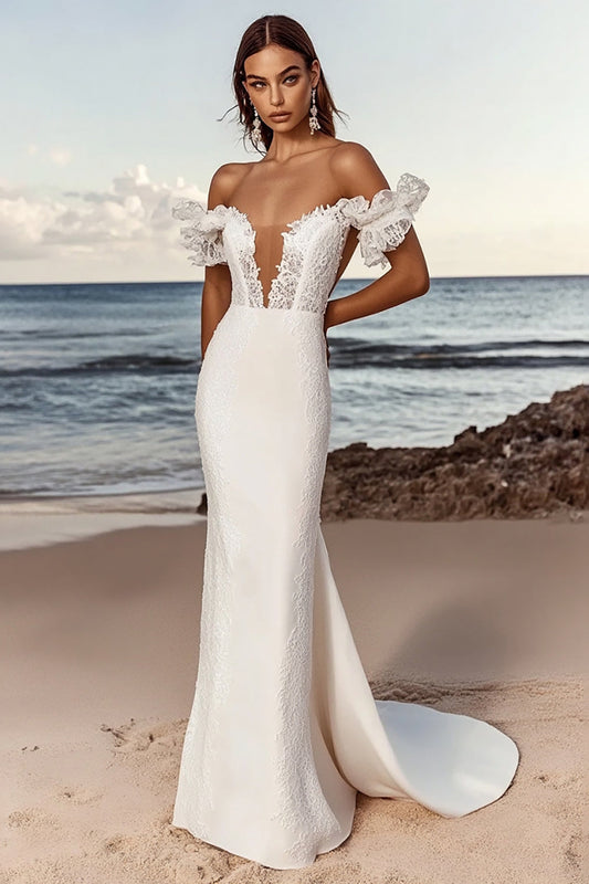 Off the Shoulder Ivory Satin Sweep Train Wedding Dress with Lace