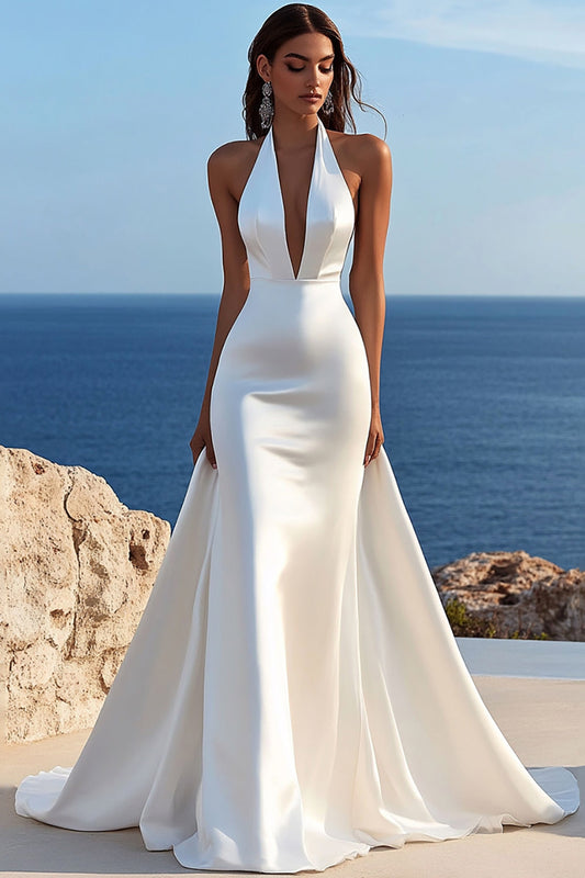 Simple Ivory Satin Halter Mermaid Sweep Train Long Wedding Dress