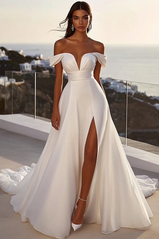 Ivory A Line Sweep Train Off the Shoulder Wedding Dress with Slit
