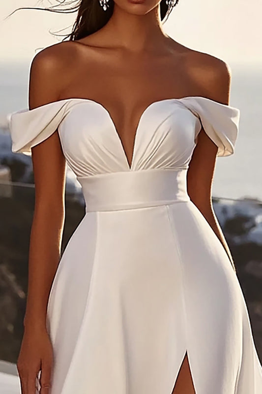 Ivory A Line Sweep Train Off the Shoulder Wedding Dress with Slit