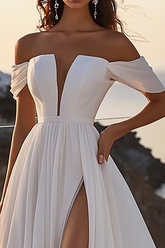 Ivory A Line Off the Shoulder Sweep Train Wedding Dress with Slit