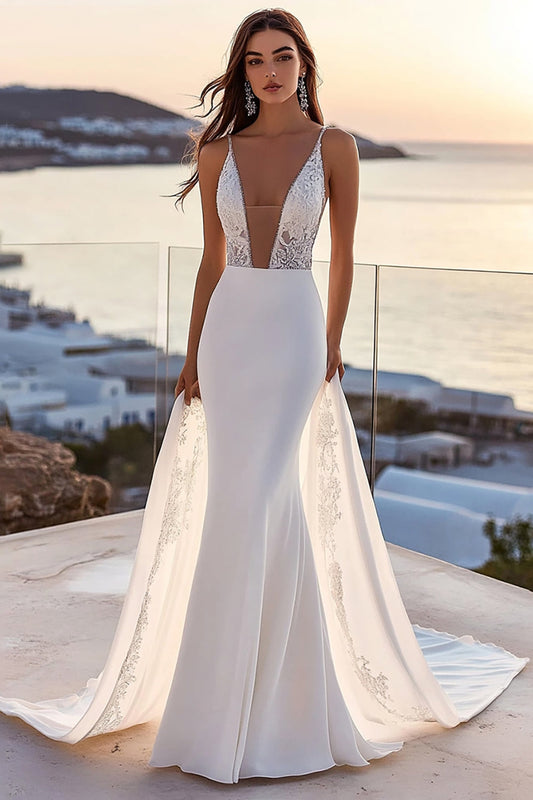 Ivory Satin Mermaid Deep V Neck Sweep Train Long Wedding Dress