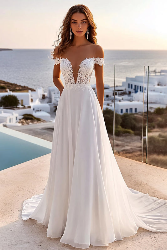 Ivory Chiffon Sweep Train A Line Boho Wedding Dress with lace