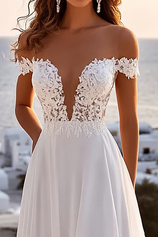 Ivory Chiffon Sweep Train A Line Boho Wedding Dress with lace