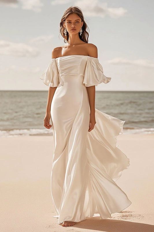 Ivory Satin Sweep Train Square Neck Boho Wedding Dress
