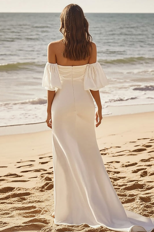 Ivory Satin Sweep Train Square Neck Boho Wedding Dress