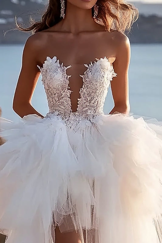 Ivory Tulle A Line Strapless High-Low Wedding Dress with Ruffles