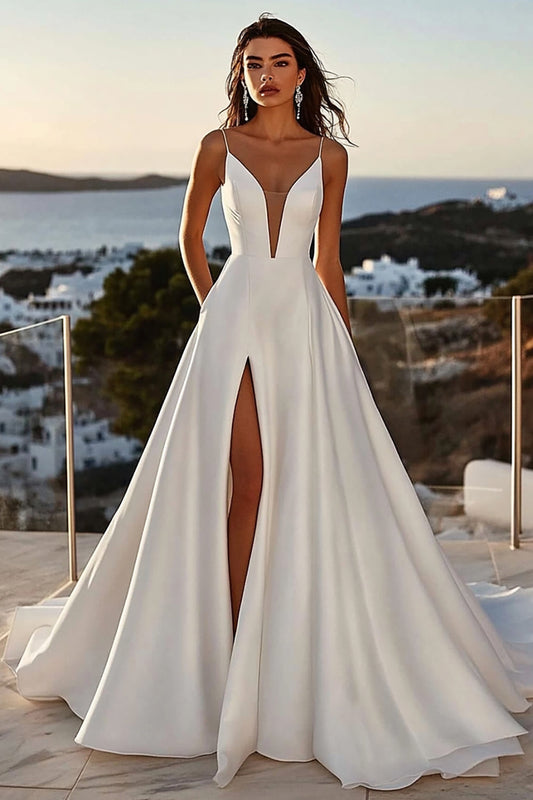 Ivory Satin Sweep Train V-Neck A Line Wedding Dress with Slit