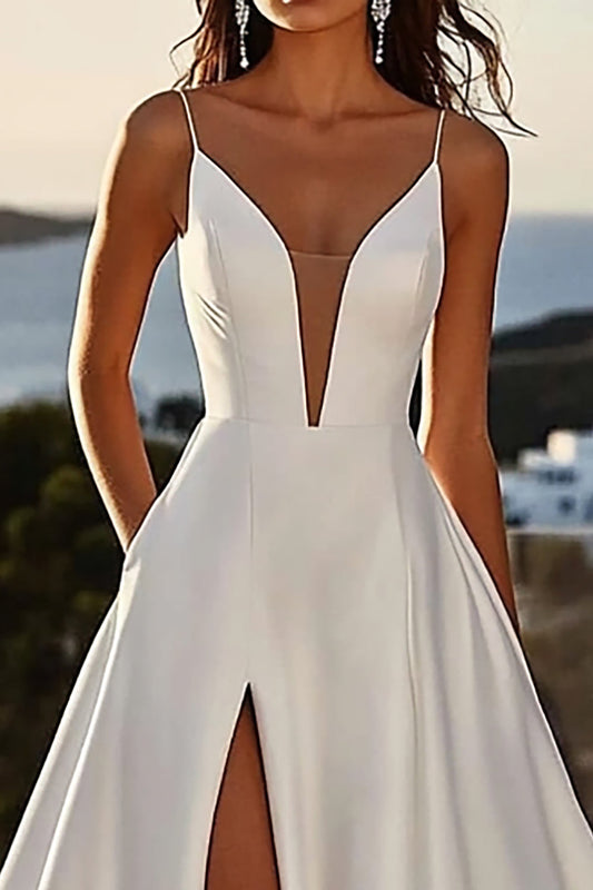 Ivory Satin Sweep Train V-Neck A Line Wedding Dress with Slit