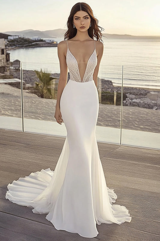 Ivory Chiffon Mermaid Sweep Train Deep V-Neck Wedding Dress